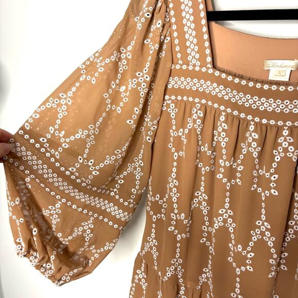 Shoshanna Torres tan and white long sleeve eyelet dress with tie waist women's 6 - Picture 5 of 9
